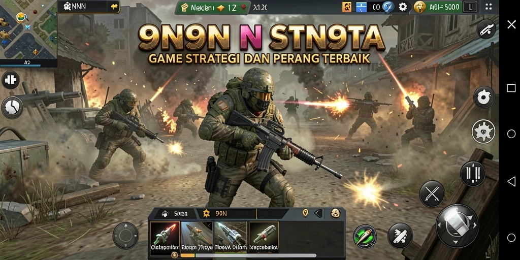 Screenshot utama 9N9N menampilkan aksi pertempuran strategis yang intens.