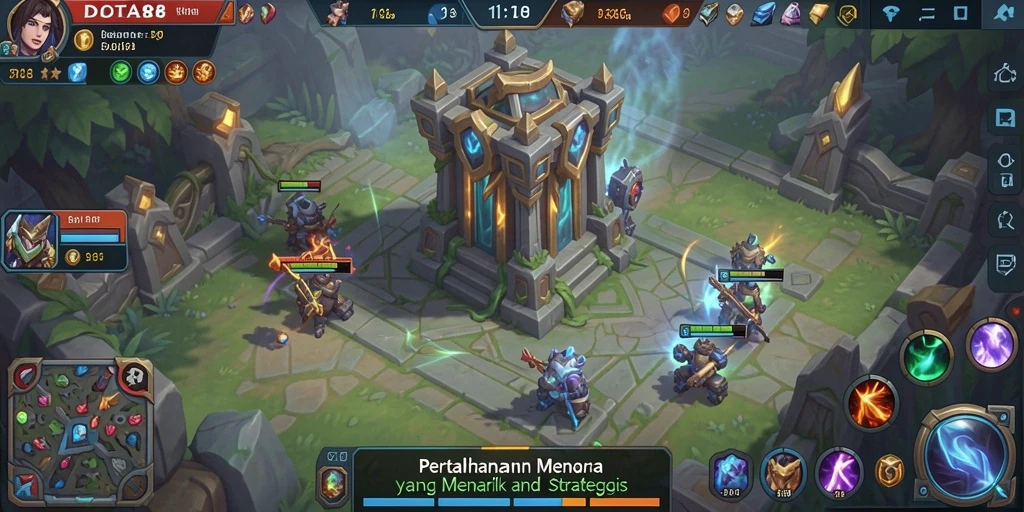 Screenshot DOTA88 menampilkan aksi menara yang epik melawan musuh.