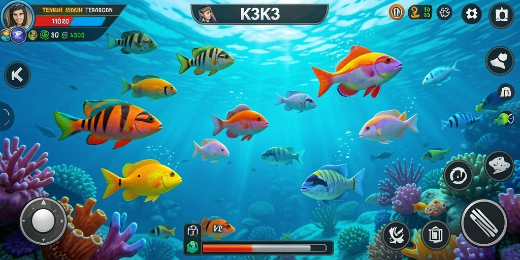 Gameplay K3K3 yang penuh warna dan menegangkan saat berburu ikan.