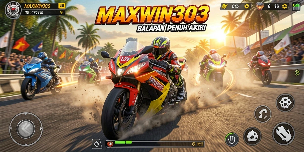 Tampilan gameplay seru di MAXWIN303 dengan motor balap cepat.
