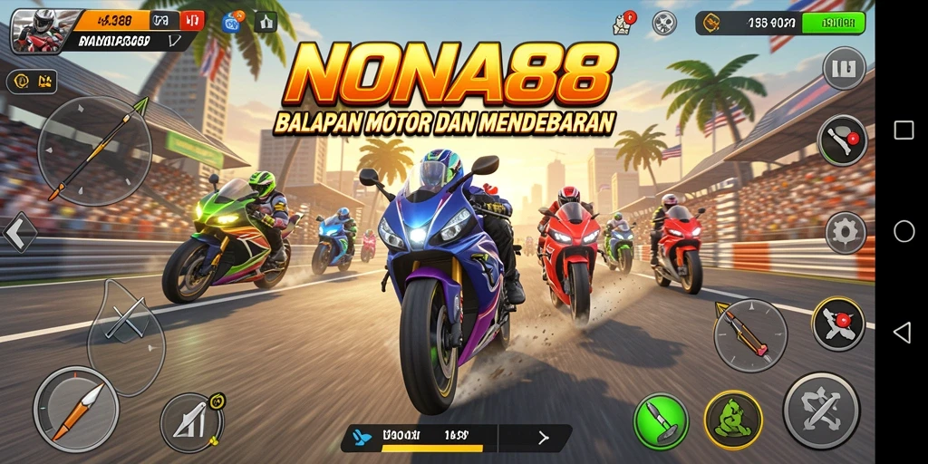 Gameplay NONA88: balapan motor seru dengan grafik menakjubkan.