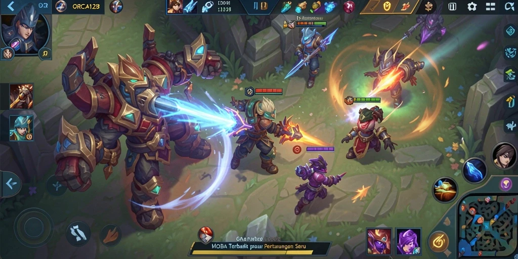 Tampilan gameplay seru di ORCA128 dengan strategi MOBA yang mendebarkan.