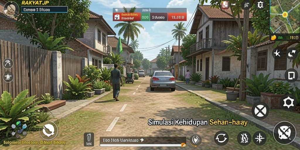 Screenshot gameplay RAKYATJP yang menunjukkan aktivitas simulasi kehidupan.