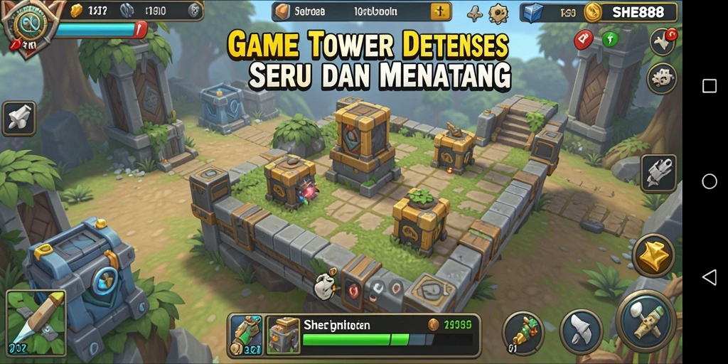 Screenshot gameplay SHE888 menampilkan pertempuran Tower Defense yang seru.