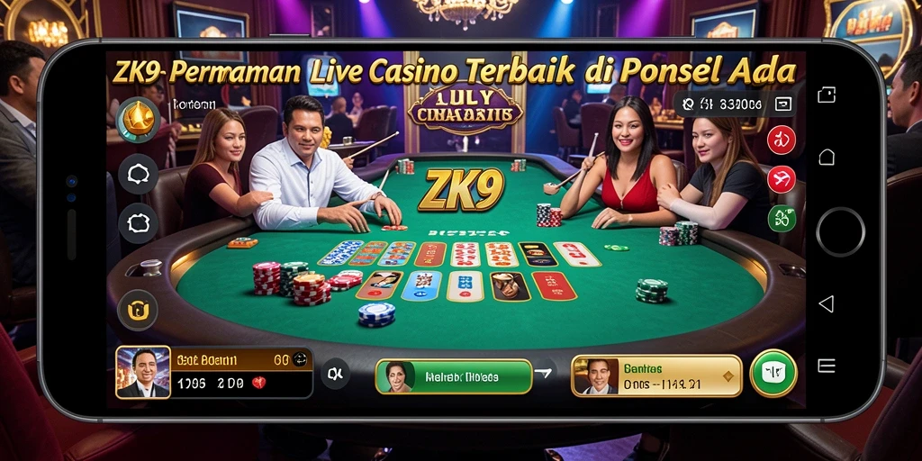 Screenshot ZK9 menampilkan dealer nyata dan gameplay kasino yang mendebarkan.